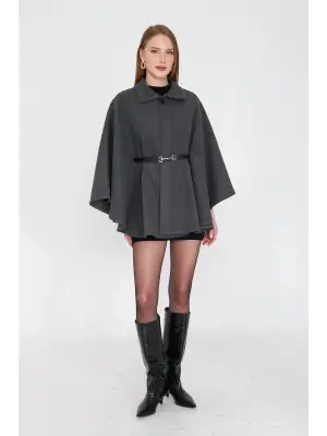 Kemerli Kaşe Panço Antrasit Kadın Giyim