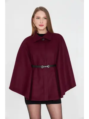 Bordo Kemerli Kaşe Panço Kadın Giyim