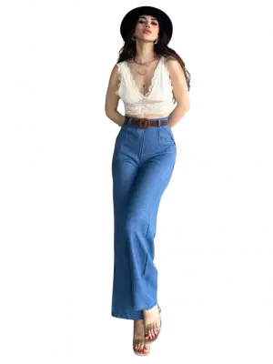 Kemerli Keten Pantolon -MAVİ