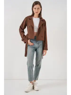 Kemerli Kısa Trençkot 5970 - Kahverengi