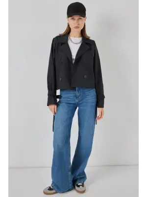 Modern Kısa Trençkot - Siyah