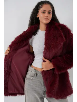 Kemerli Oversize Kürklü Kaban 9156 - Bordo