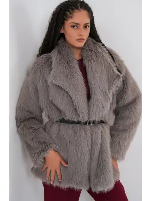 Füme Kemerli Oversize Kürklü Kaban Kadın Giyim