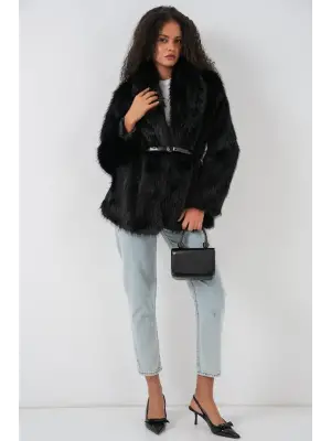 Kemerli Oversize Kürklü Kaban 9156 - Siyah