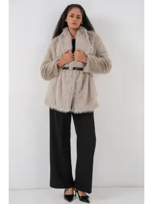 Kemerli Oversize Kürklü Kaban 9156 - Taş