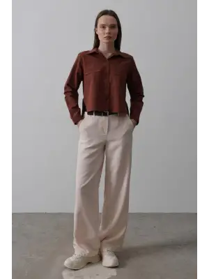 Omarı Yüksek Bel Palazzo Pantolon - Pudra