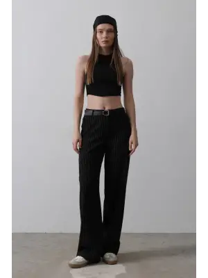 Kemerli Palazzo Pantolon - Siyah-Beyaz