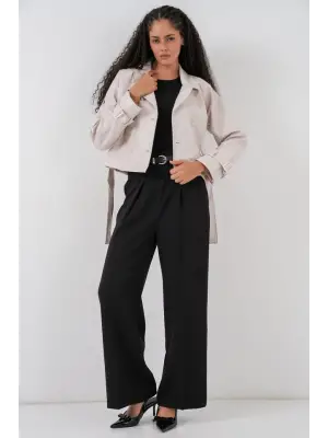 Kemerli Suni Deri Ceket 1046 - Ekru