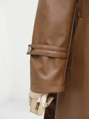 Kemerli Yan Cepli Deri Trenckot -Taba