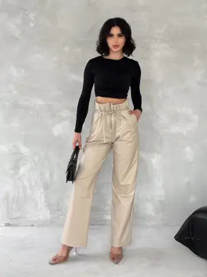 Kendinden ince kemerli deri pantolon bej t1178