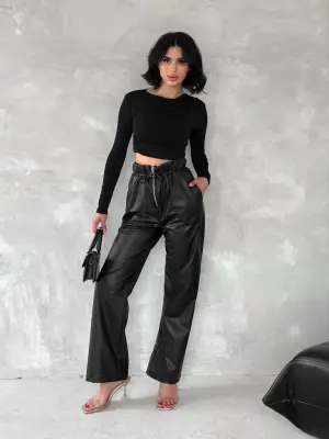 Kendinden ince kemerli deri pantolon siyah t1178