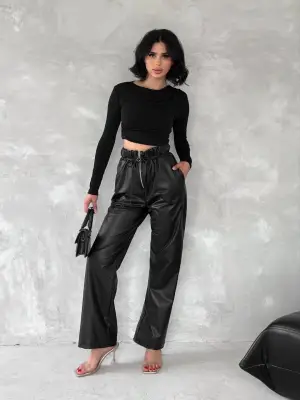 Kendinden ince kemerli deri pantolon siyah t1178