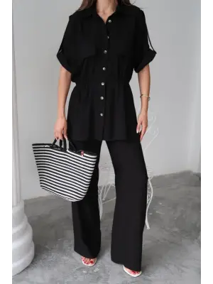 KETEN BELDEN BÜZGÜ DETAYLI GÖMLEK - PANTOLON TAKIM - Siyah