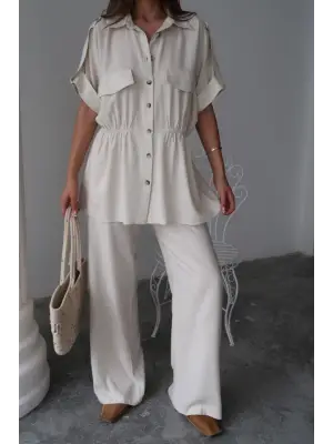 KETEN BELDEN BÜZGÜ DETAYLI GÖMLEK - PANTOLON TAKIM - Taş