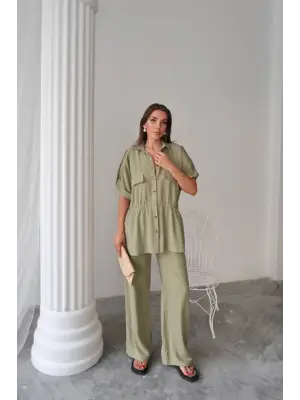 KETEN BELDEN BÜZGÜ DETAYLI GÖMLEK - PANTOLON TAKIM - Yeşil