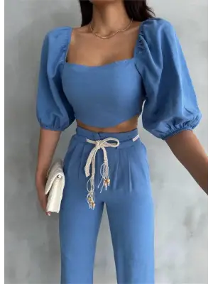 KETEN CROP KARPUZ KOL BLUZ-PANTOLON HASIR KEMERLİ - Mavi