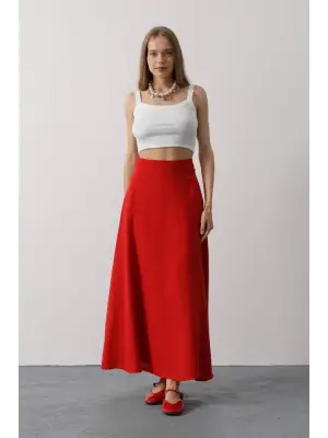 Kırmızı Keten Etek Kadın Giyim