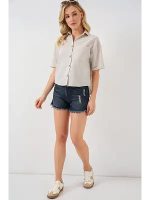 Keten Görünümlü Crop Gömlek 20339 - Krem