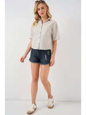 Keten Görünümlü Crop Gömlek 20339 - Krem