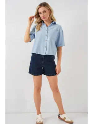 Keten Görünümlü Crop Gömlek 20339 - Mavi