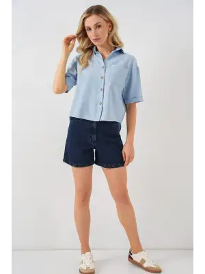 Keten Görünümlü Crop Gömlek 20339 - Mavi