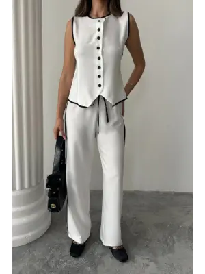 KETEN KENARLARI BİYELİ YELEK - PANTOLON TAKIM - Beyaz