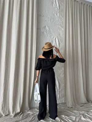 Şık Siyah Keten Madonna Yaka Kol Hasır Şerit Pantolon Takım