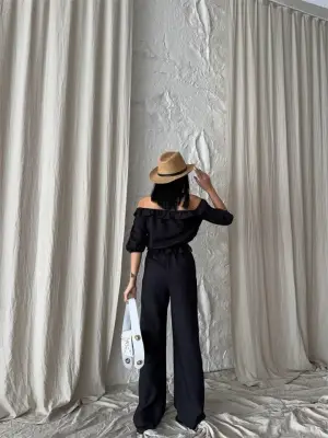 KETEN MADONNA YAKA KOL HASIR ŞERİT - PANTOLON TAKIM - Siyah