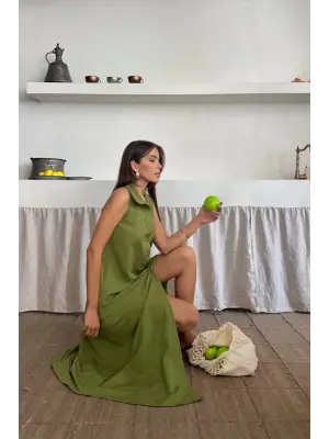 Omarı Keten Önden Düğmeli Kolsuz Elbise - Yağ Yeşili