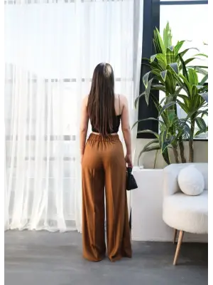 Keten Önü Çapraz Parçali Lasti̇kli̇ Ve Bağcikli Geni̇ş Paça Pantolon