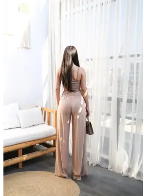 Keten Önü Çapraz Parçali Lasti̇kli̇ Ve Bağcikli Geni̇ş Paça Pantolon