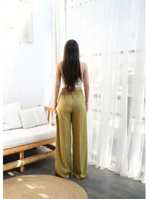 Keten Önü Çapraz Parçali Lasti̇kli̇ Ve Bağcikli Geni̇ş Paça Pantolon