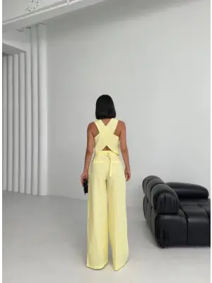 Omarı Eşsiz Tasarımlı Çapraz Cepli Keten Pantolon Takımı