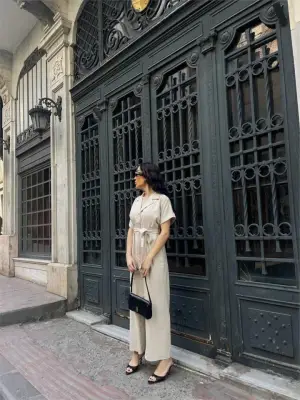 Şık Krem Keten Tulum Bel Bağlama Detaylı