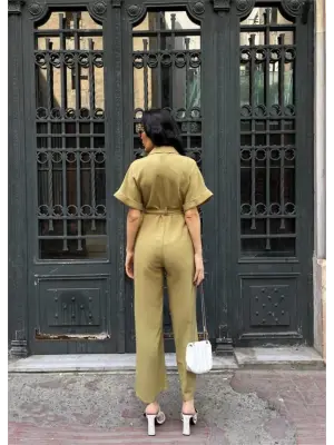 Şık Yeşil Bel Bağlama Detaylı Keten Tulum