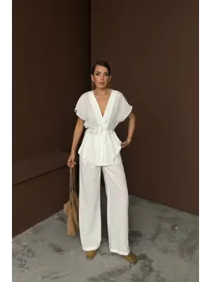 KETEN V YAKA BELDEN BAĞLAMALI BLUZ-PANTOLON TAKIM - Beyaz