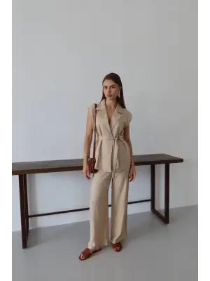 Keten yelek pantolon takım bej pt