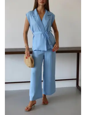 Keten yelek pantolon takım mavi pt
