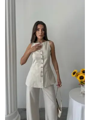 KETEN YELEK - PANTOLON TAKIM - Taş