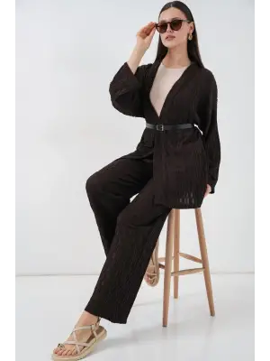 Kimono Pantolon İkili Takım 30078 - Kahverengi