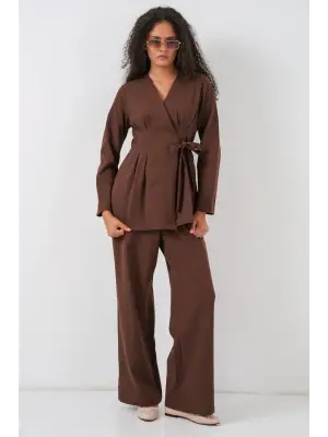 Kimono Pantolon Kumaş Takım 30054 - Kahverengi