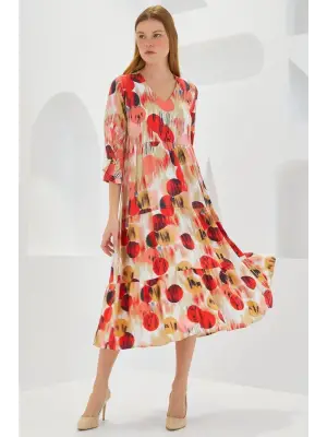 Kiremit Ekru Desenli Kısa Kol Viskon Elbise 1959