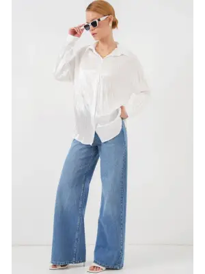 Kırışık Saten Gömlek 20316 - Beyaz