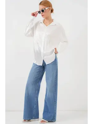 Kırışık Saten Gömlek 20316 - Beyaz