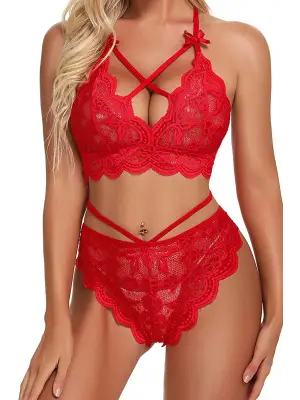 Omarı Kırmızı Çapraz Detaylı Sütyen Külot Takım