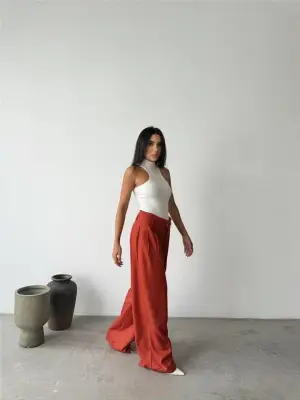 Omarı Yüksek Bel Palazzo Pantolon - Kiremit Rengi