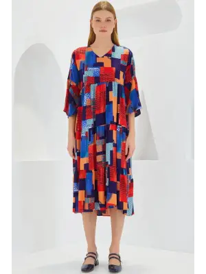 Kırmızı Saks Desenli Kısa Kol Viskon Elbise 1959