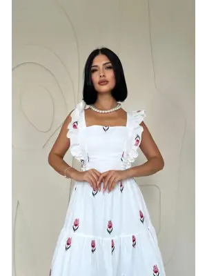 Omarı Kırmızı Fırfırlı Elbise