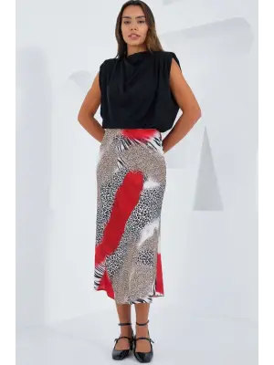 Kırmızı Siyah Desenli Saten Etek 15806
