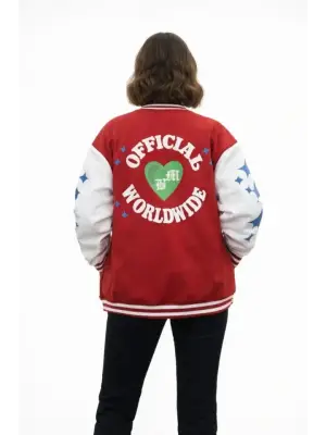 Kırmızı Varsity Çıtçıtlı Baskılı Oversize Kalıp Kolej Ceket - Kırmızı